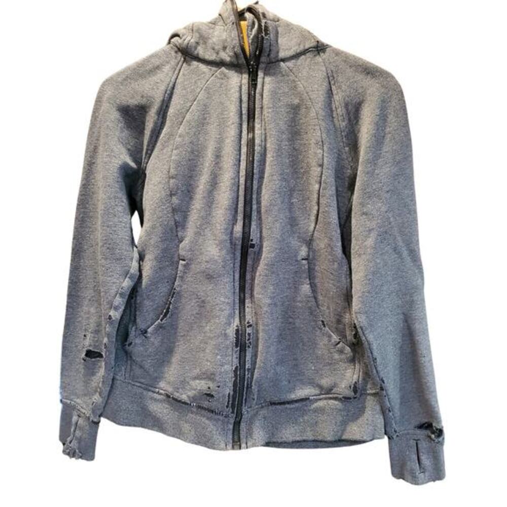 Lulumon Suba Hoodie‎ Jacket Women Sz 8 Gray Full Zip Distressed Grunge Punk